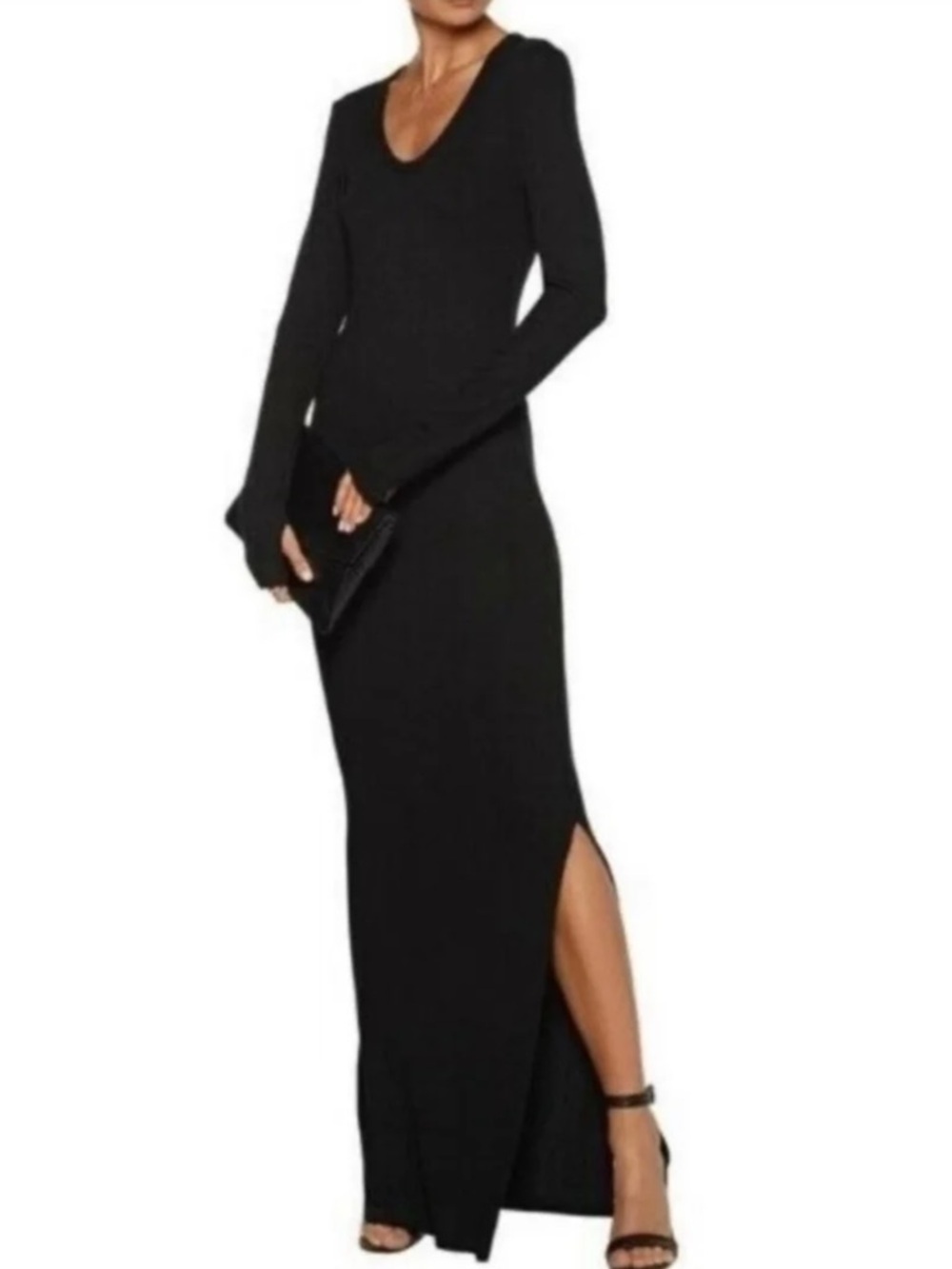 L’AGENCE Black Soft Ribbed Knit Maxi Dress with Slit and Thumb Holes sz Medium